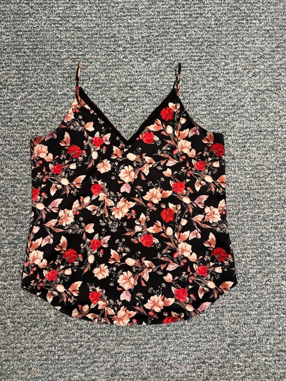 Satin Floral V-Neck Spaghetti Strap Cami Top - Black with Red & Blush Flowers